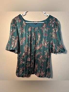 Roz & Ali Women’s XL Teal Paisley Blouse 3/4 Sleeve Lined Top Boho Flowy